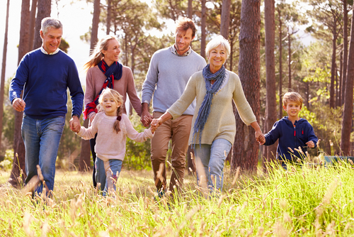 Family walking through the forest