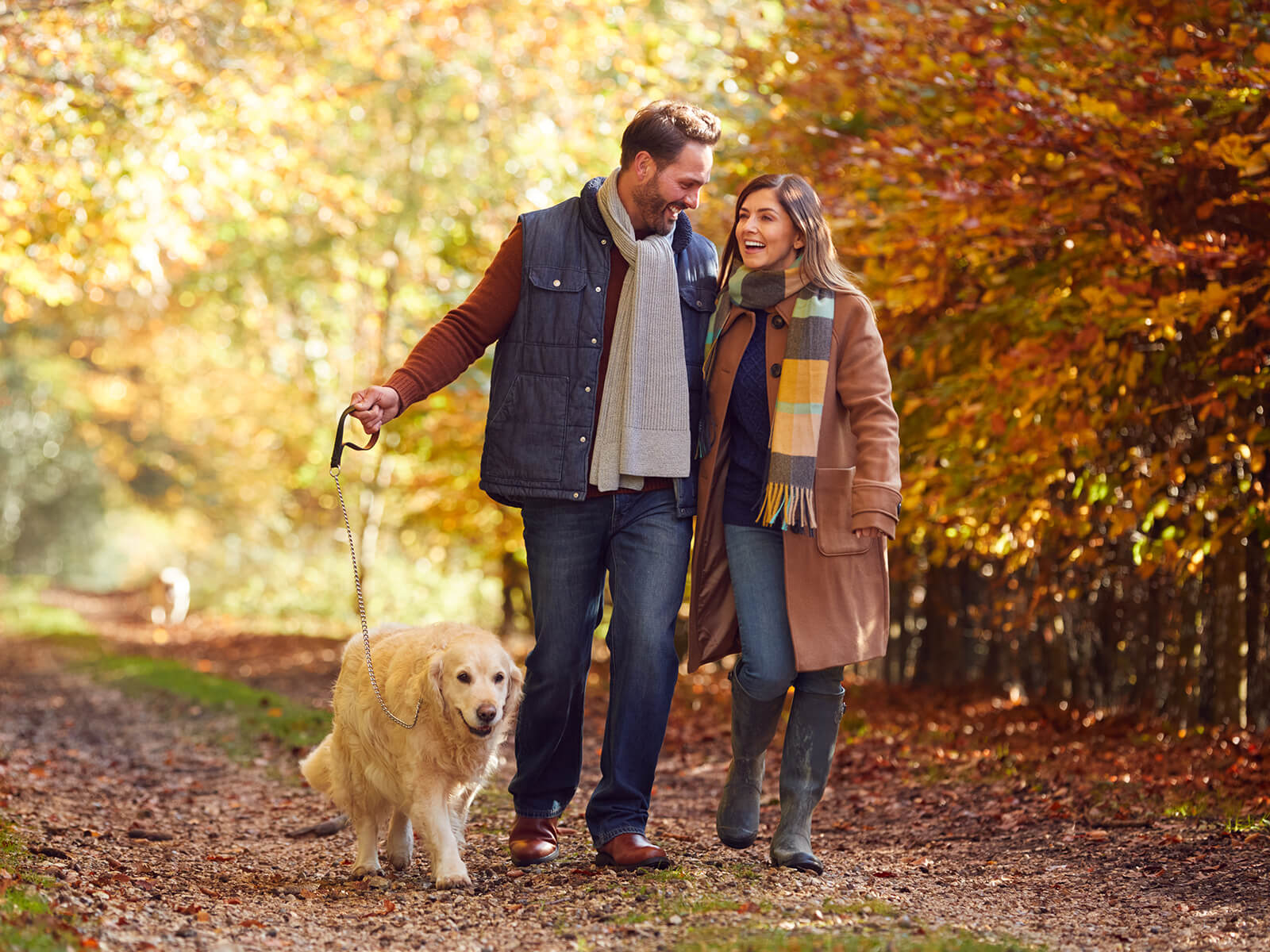A couple walking their dog